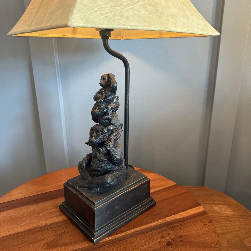 Vintage Monkey Stack Table Lamp Resin Safari Jungle Faux Leather Shade 21